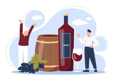 People with wine barrel. Man and woman next to bottle of wine and glass. Traditional drinks. Alcohol in cafe or restaurant. Grape juice, winemaking batonnage. Cartoon flat vector illustration