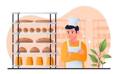 Man with bakery proucts. Character sells bread and loaves, flour products. Small business owner or salesman at checkout with merchandise. Showcase full goods. Cartoon flat vector illustration
