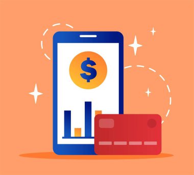 Banking and finances. Smartphone with credit or debit card, metaphor for online transfers and transactions. Electronic wallet and payment, shopping on Internet. Cartoon flat vector illustration