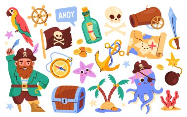 Kids pirates vector set. Parrot, pirate captain with wooden leg, treasure chest and flag with skull. Island adventure with map and octopus. Cartoon flat vector collection isolated on white background