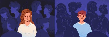 Lonely people set. Sad or upset man and woman feel lonely in crowd. Characters with psychological problems suffer from lack of friends and communication. Cartoon flat vector illustration collection