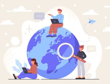 Remote working or freelance concept. Men and women work anywhere in world or globe. International company or global business. Employees or entrepreneurs with laptops. Cartoon flat vector illustration