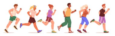 Marathon Race concept. Young men and women in sportswear run or do sports. Jogging in park. Active lifestyle or physical exercises. Cartoon flat vector illustration set isolated on white background