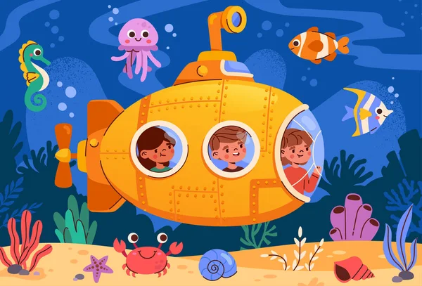 Submarine Sea Concept Small Inquisitive Children Bathyscaphe Explore Underwater World — Archivo Imágenes Vectoriales