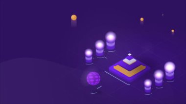 Yapay zeka video konsepti. Büyük veri ya da bilgi analizi için modern bulut deposu olan hareketli pankart. Dijital teknolojideki yenilikler, sibernetik. Isometric grafik çizgi film