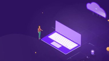 Online bilgisayar teknolojisi video konsepti. Büyük verileri depolamak ve işlemek için bulut merkezi. Cihazlara bilgi aktarma, paylaşma ve indirme hizmeti. Isometric grafik çizgi film