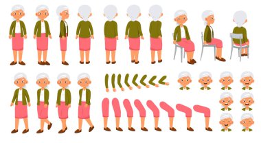 Animasyon için büyükanne karakter yapıcı. Gri saçlı, emekli, güzel bir yaşlı kadın. Kollar, bacaklar ve duygular. Çizgi film düz vektör koleksiyonu beyaz arkaplanda izole edildi
