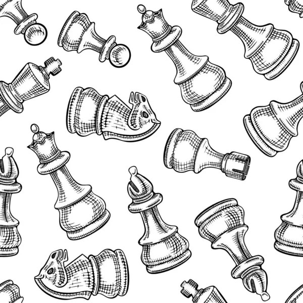 Peças de xadrez desenhadas à mão sem costura padrão Vetores De Bancos De Imagens