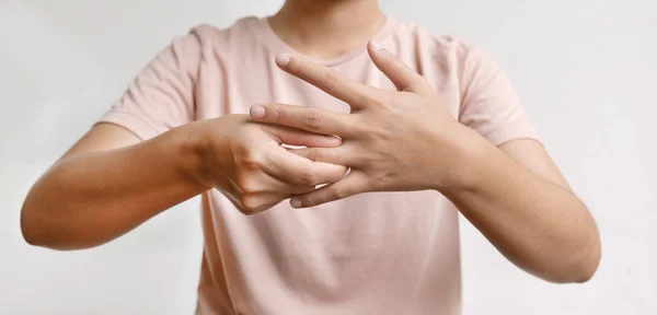 Woman Hand Massage Physiotherapy Other Side Sore Numb Exhausted Tingling — Stock Photo, Image