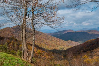 Gürcistan 'ın kuzeyindeki dağların manzarasıyla otoyolun yukarısında sonbaharın en güneşli ve bulutlu gününde sonbahar renkleri zirvede.