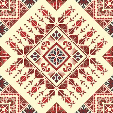 Decorative Palestinian seamless pattern in colors, traditional Tatreez embroidery, vector illustration.