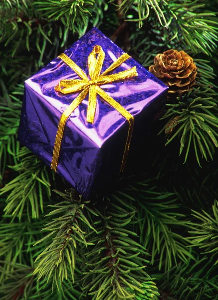Decoración de árbol de Navidad caja púrpura — Foto de Stock