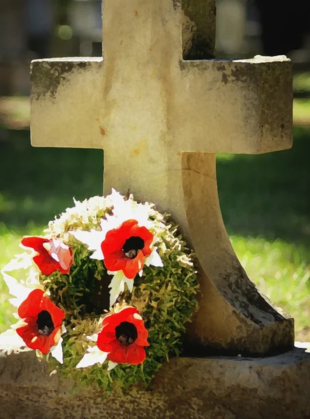 Ein Grabstein mit Blumen — Stockfoto