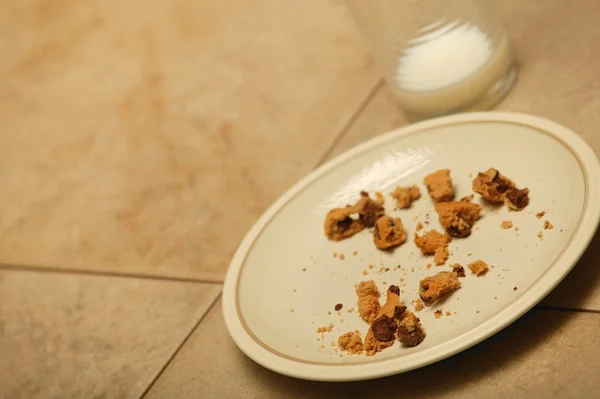 Plate Of Cookie Crumbs And Empty Glass — Stock Photo, Image