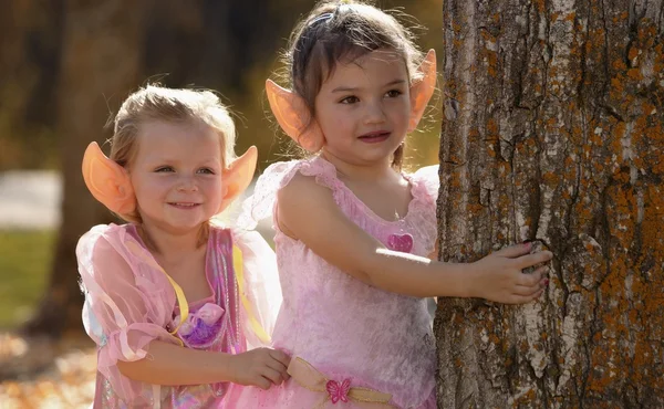 Dvě holčičky víla v podzimním lese — Stock fotografie