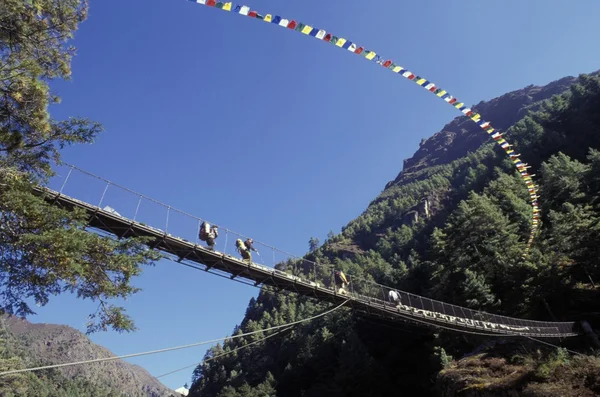 Gente caminando por un puente de cuerda — Foto de Stock