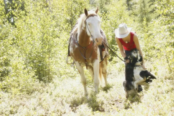 Vaquera con caballo y perro — Foto de Stock