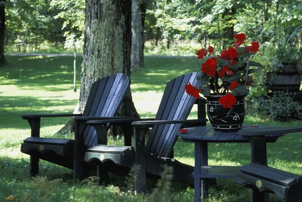 Stühle und Tisch im Freien mit roter Topfpflanze — Stockfoto