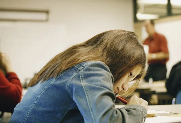 Menina funciona em lição de casa — Fotografia de Stock