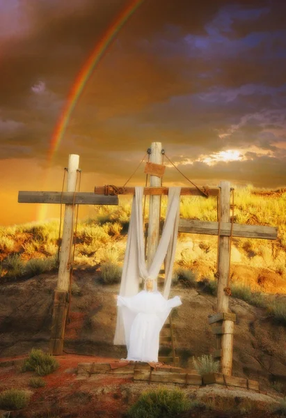 Angel At The Crosses, Rainbow In Background — Stock Photo, Image