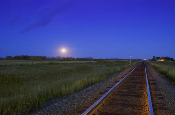 Järnvägsspåren vid solnedgången i prärien — Stockfoto