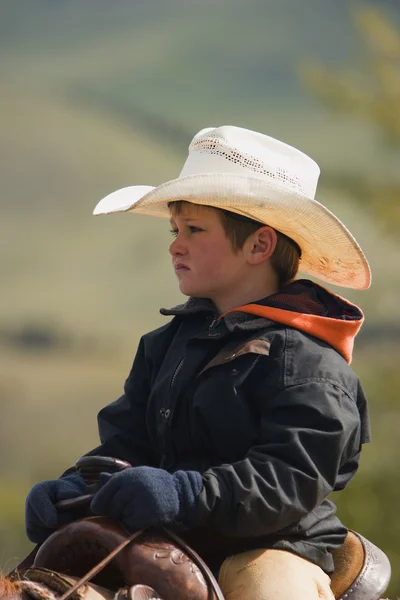 Un joven vaquero en el ganado se reúne en el sur de Alberta Canadá — Foto de Stock