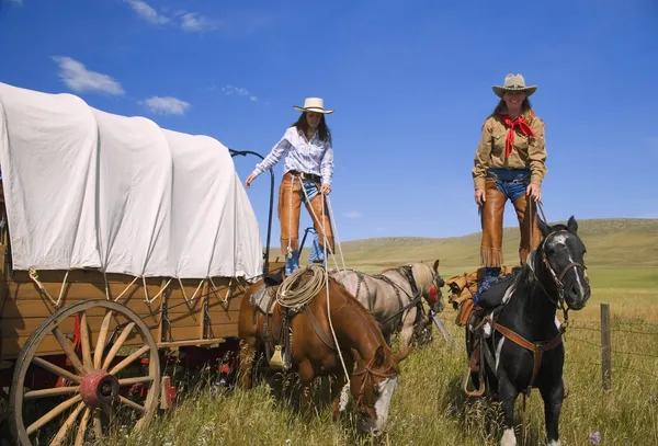 Cowgirls állva a lovak — Stock Fotó