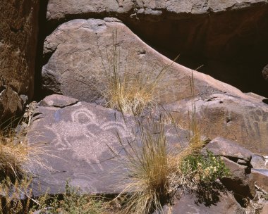 Antik taş resmin rock sanat Bighorn koyun mojave Çölü'nde tasvir