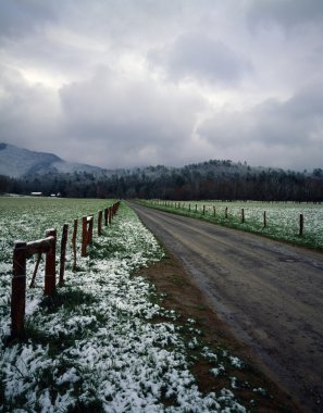 alanlar ve çit satır, toprak yol, sis, cades cove, büyük smoky Dağları Milli Parkı uzak dağlarda bahar kar