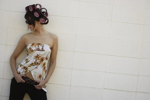 A Woman With Curlers In Her Hair — Stock Photo, Image