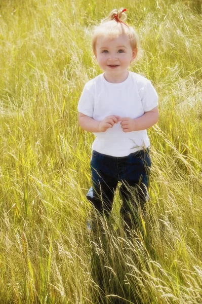 Criança está em um campo de trigo — Fotografia de Stock