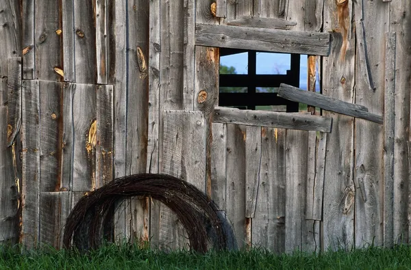 Rolle Stacheldraht an verwitterter Scheune — Stockfoto