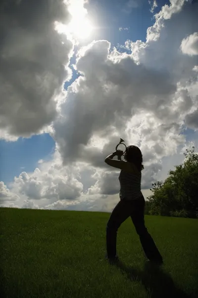 Woman Playing Horn — Stock Photo, Image