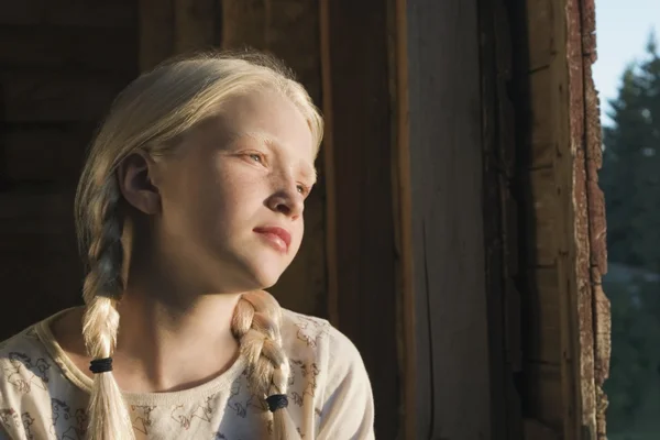 Girl Thinking In Window — Stock Photo, Image