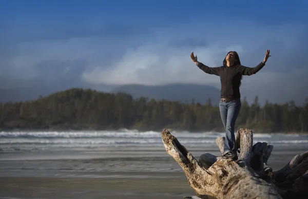 Raised Hands On The Beach — Stockfoto