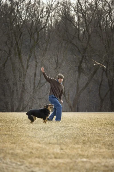 Mann wirft Stock auf Hund — Stockfoto