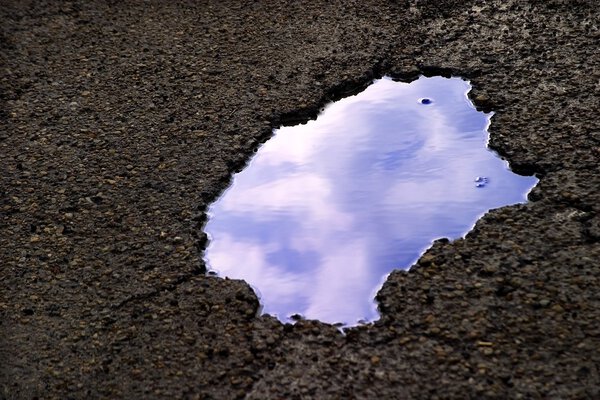 Облака, отражающиеся в луже
