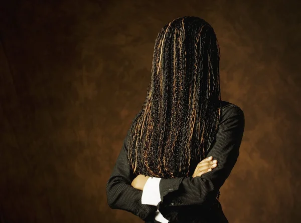 Woman With Hair Covering Her Face And Arms Crossed — Stock Photo, Image