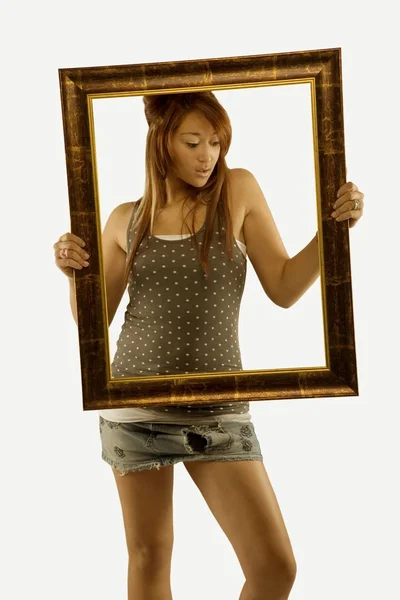 Woman Posing With Picture Frame — Stock Photo, Image