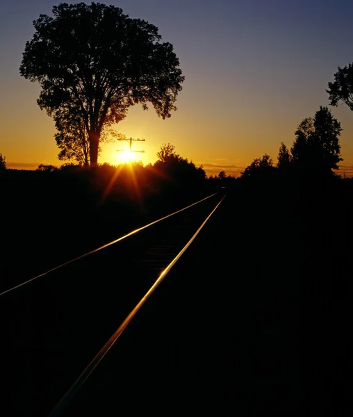 Pistes de train au coucher du soleil — Photo