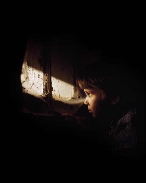 Girl Looking Out Window And Crying — Stock Photo, Image