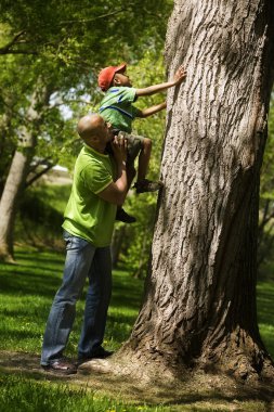 Father Helping Son To Climb On Tree clipart
