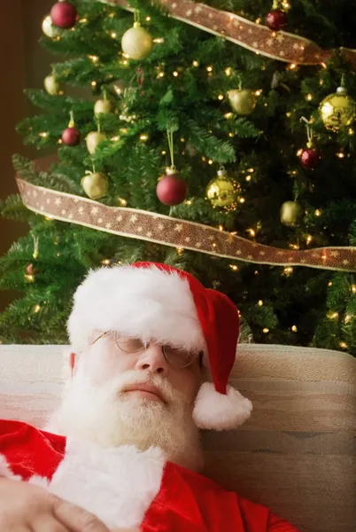 Santa Claus, Asleep In Front Of Christmas Tree — Stock Photo, Image