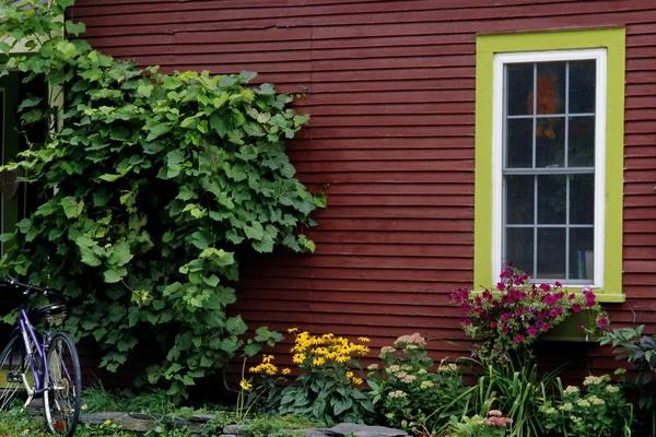 Exteriér červený dům a zahrada — Stock fotografie