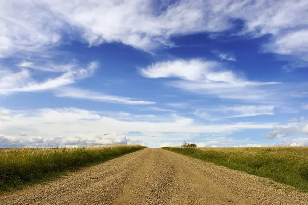 Strada di ghiaia con campi e nuvole bianche — Foto Stock