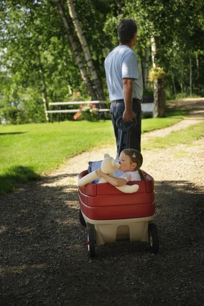 Děda tahání vnučka ve voze — Stock fotografie