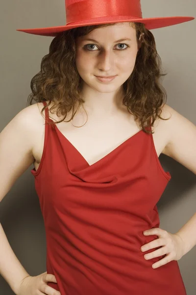 Woman Wearing A Red Hat And Dress — Stock Photo, Image