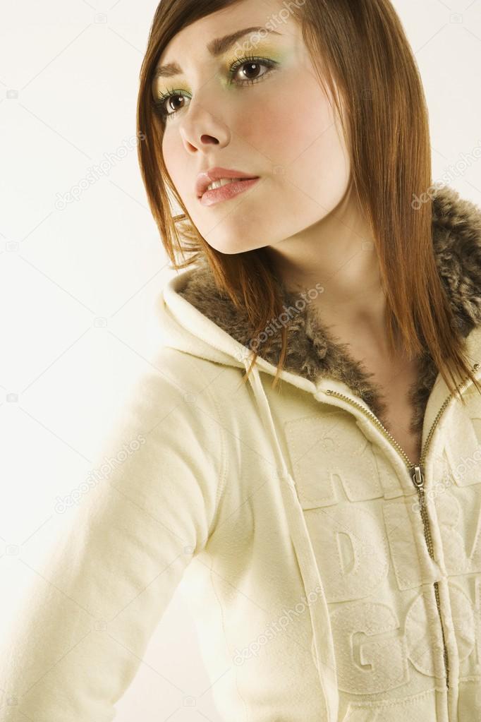 Young Woman Modelling Zip-Up, Faux-Fur, Hooded Sweater