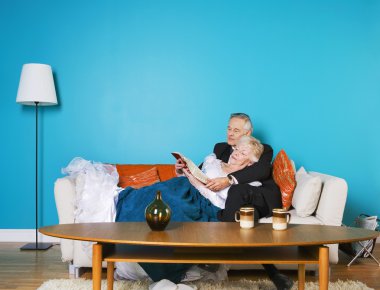 üst düzey çift kanepede birlikte okuma