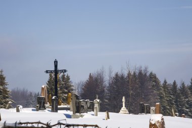 Gravestones In A Cemetery Covered In Snow